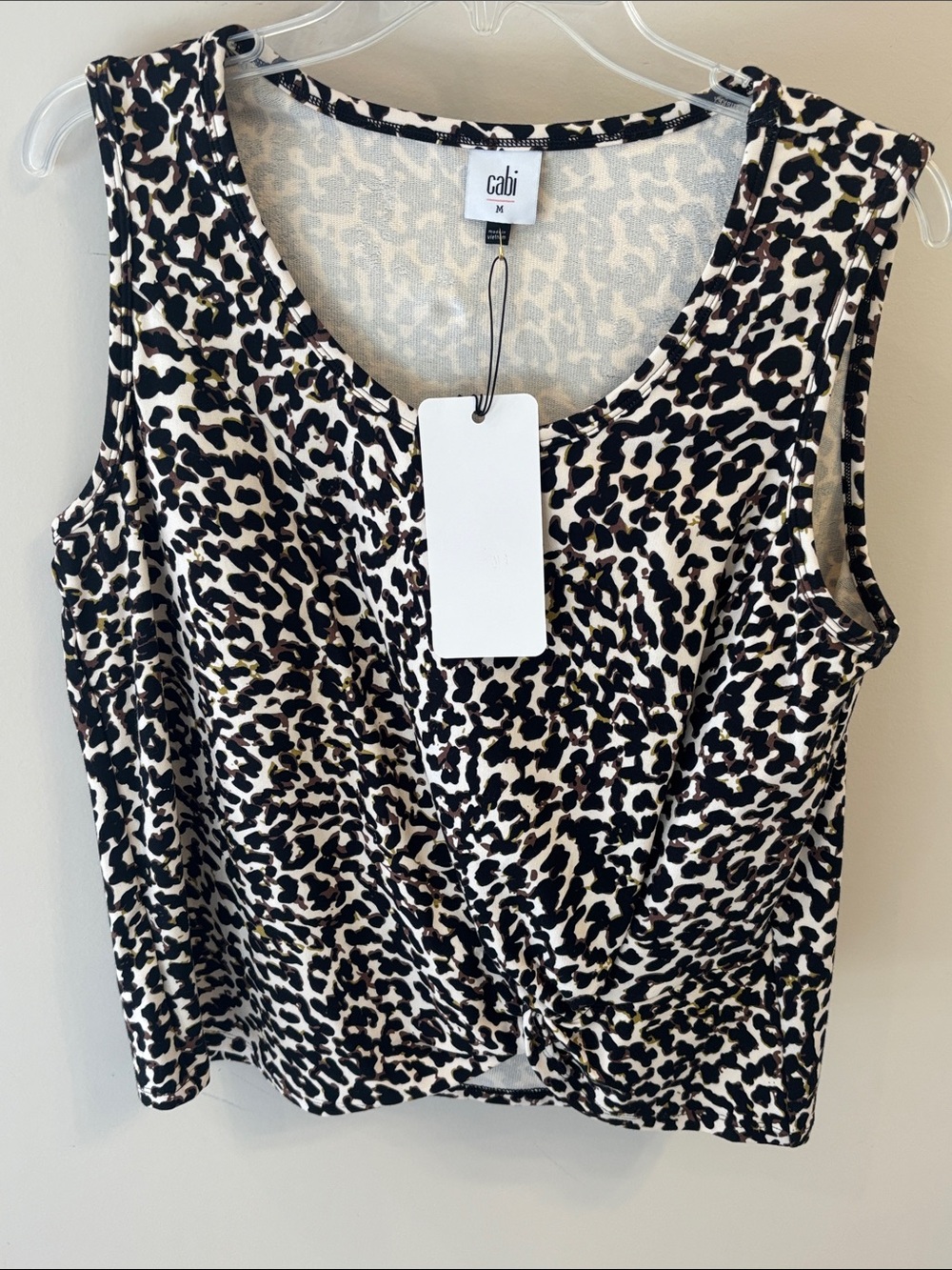 CAbi NWT Black, Cream & Brown Leopard-Print Knotty Sleeveless Top